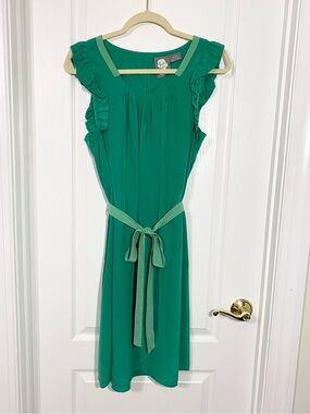 Girls From Savoy SILK Ruffle Sleeve Belted Dress Anthropologie Green Medium